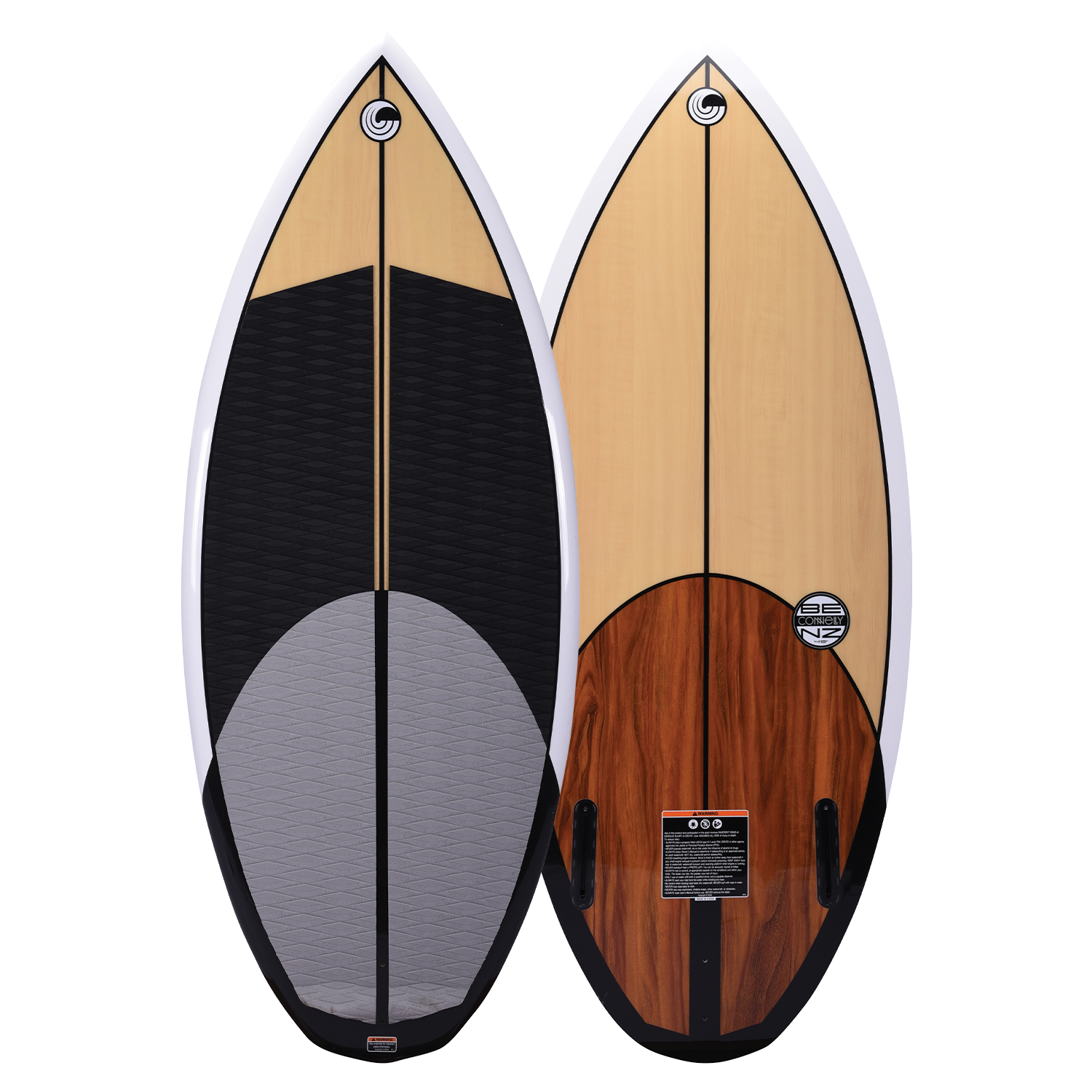 Connelly Benz wakesurf board, top and bottom views. Woodgrain base, twin fins, and black grip pad for stability.