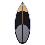 Connelly Benz wakesurf board, top view. Natural woodgrain finish with black and gray traction pad for grip.