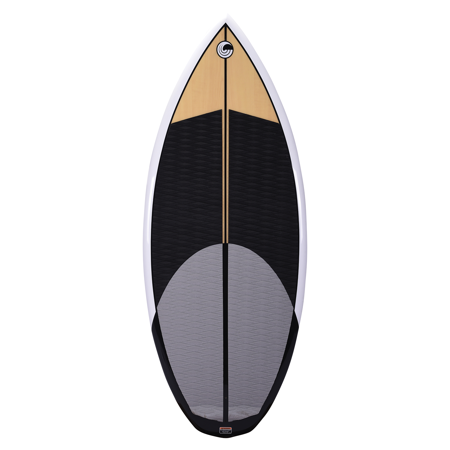 Connelly Benz wakesurf board, top view. Natural woodgrain finish with black and gray traction pad for grip.