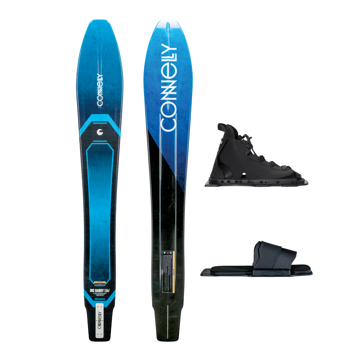 Connelly Big Daddy water ski with Swerve front boot and RTP. Wide-body design with blue and black graphics.
