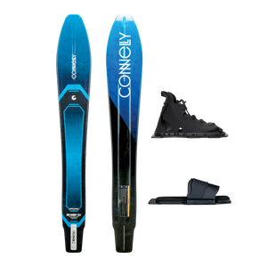 Connelly Big Daddy water ski with Swerve front boot and RTP. Wide-body design with blue and black graphics.