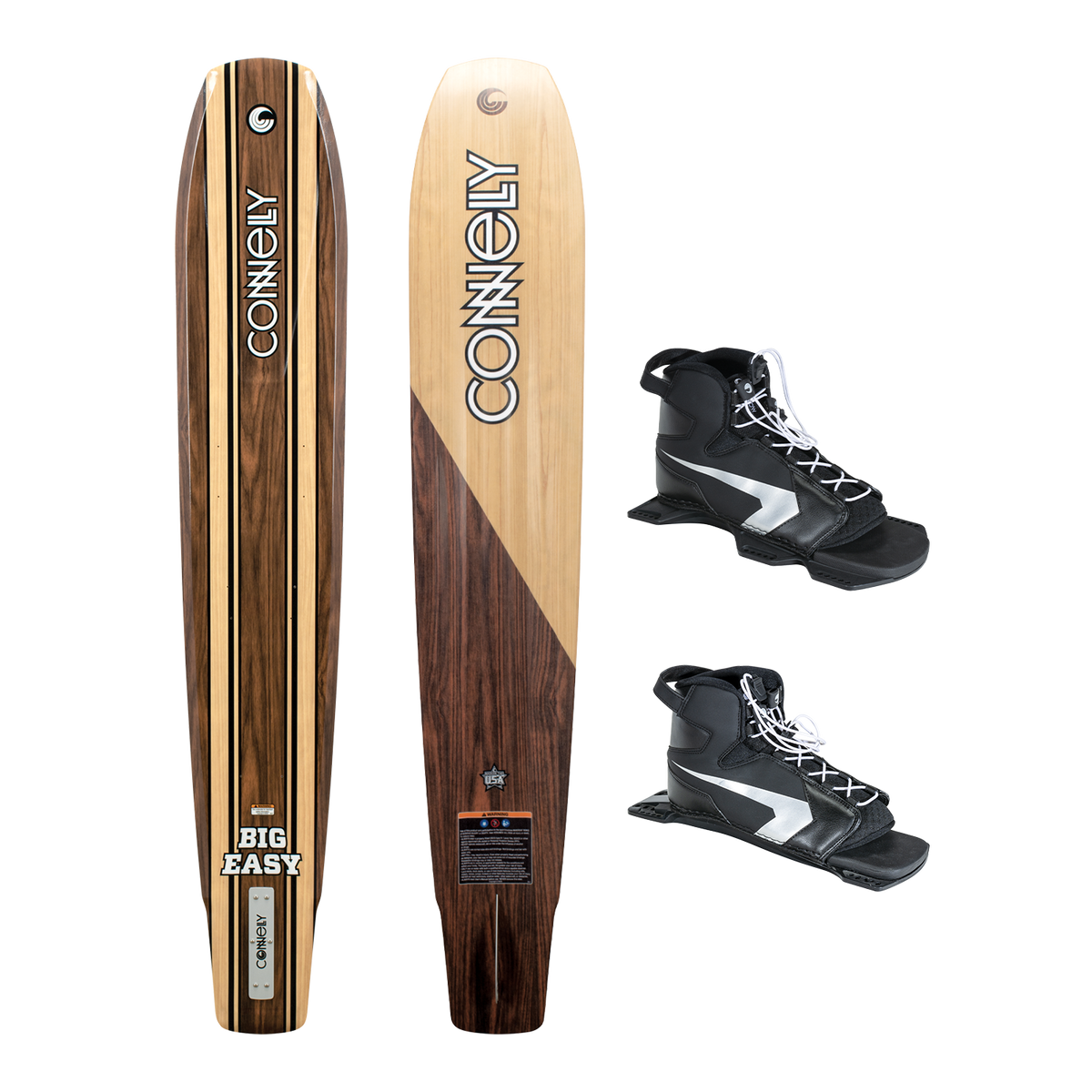 Big Easy slalom ski with Double Shadow bindings, featuring a woodgrain design and adjustable black and silver boots.