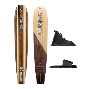 Big Easy slalom ski with wood grain finish, Swerve front boot, and Swerve RTP rear binding for control and comfort.