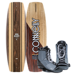 Big Easy wakeboard features a woodgrain design with black accents, with gray and black Draft bindings.