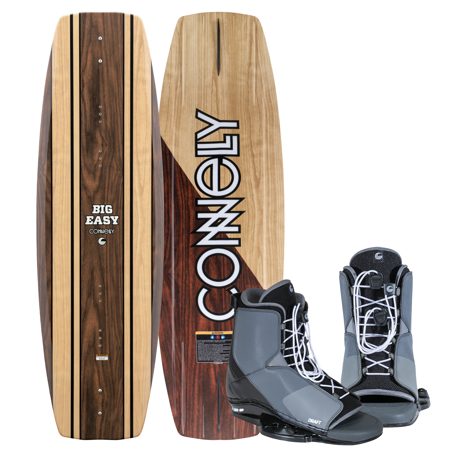 Big Easy wakeboard features a woodgrain design with black accents, with gray and black Draft bindings.