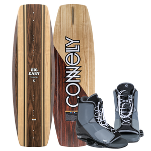 Big Easy wakeboard features a woodgrain design with black accents, with gray and black Draft bindings.