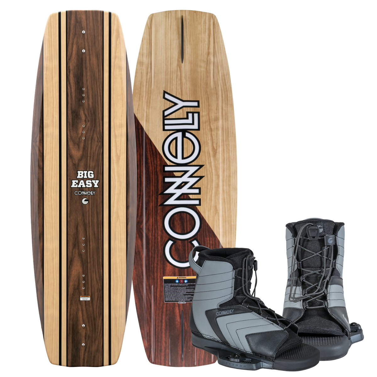 Connelly Big Easy wakeboard with Optima bindings, featuring a woodgrain finish and black adjustable lace-up boots.