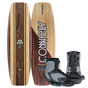 Connelly Big Easy wakeboard with Optima bindings, featuring a woodgrain finish and black adjustable lace-up boots.