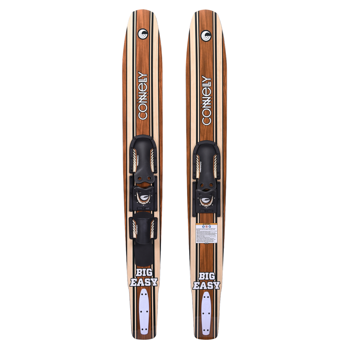 Pair of Connelly Big Easy combo skis with bindings, showcasing a retro woodgrain aesthetic.