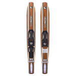 Pair of Connelly Big Easy combo skis with bindings, showcasing a retro woodgrain aesthetic.