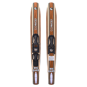Pair of Connelly Big Easy combo skis with bindings, showcasing a retro woodgrain aesthetic.