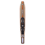 Top view of the single Connelly Big Easy combo ski with a woodgrain finish and adjustable bindings.