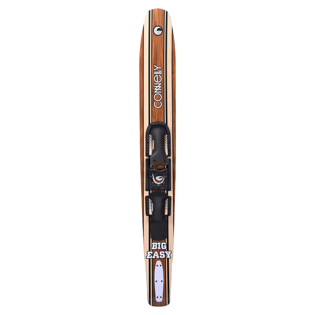 Top view of the single Connelly Big Easy combo ski with a woodgrain finish and adjustable bindings.