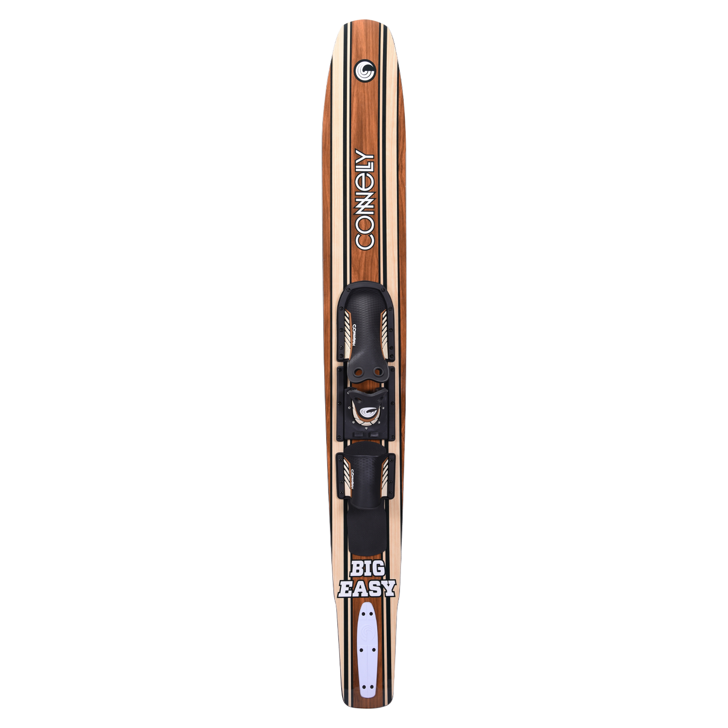 Top view of the single Connelly Big Easy combo ski with a woodgrain finish and adjustable bindings.