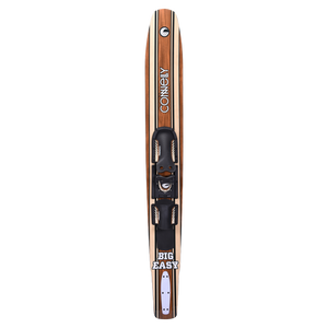 Top view of the single Connelly Big Easy combo ski with a woodgrain finish and adjustable bindings.