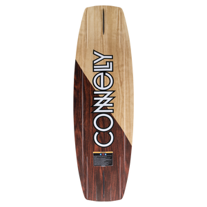 Bottom of the Connelly Big Easy wakeboard, featuring a brown and tan contrasting woodgrain pattern and large logo.