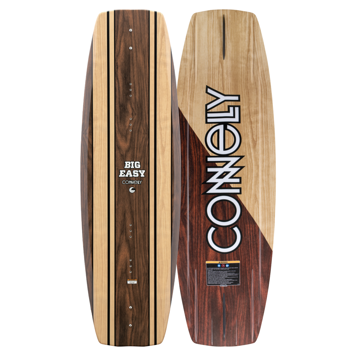 Top and base view of the Big Easy wakeboard with woodgrain design, Connelly logo, and a smooth-bottom shape.