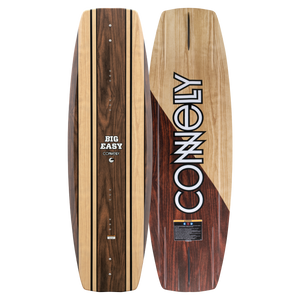 Top and base view of the Big Easy wakeboard with woodgrain design, Connelly logo, and a smooth-bottom shape.