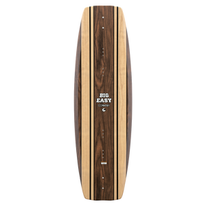 Top view of the Connelly Big Easy wakeboard, featuring a woodgrain design and "Big Easy" branding.