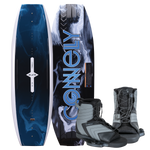 Blaze wakeboard with Optima bindings with a sleek blue and black design, supportive fit, and secure lace system for control.