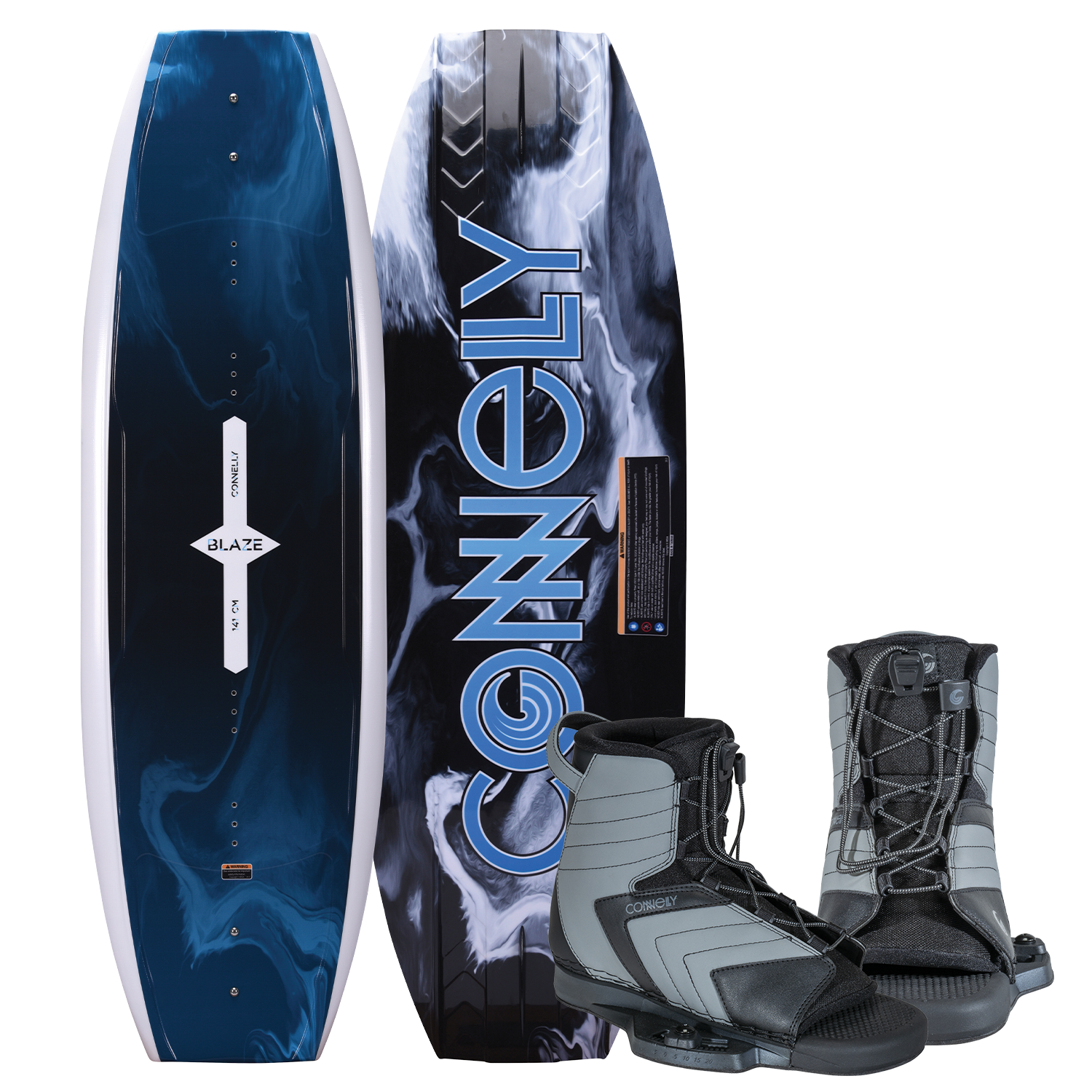 Blaze wakeboard with Optima bindings with a sleek blue and black design, supportive fit, and secure lace system for control.