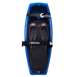 Boost kneeboard with a blue and black design, featuring molded knee pads and a padded strap for comfort and control.