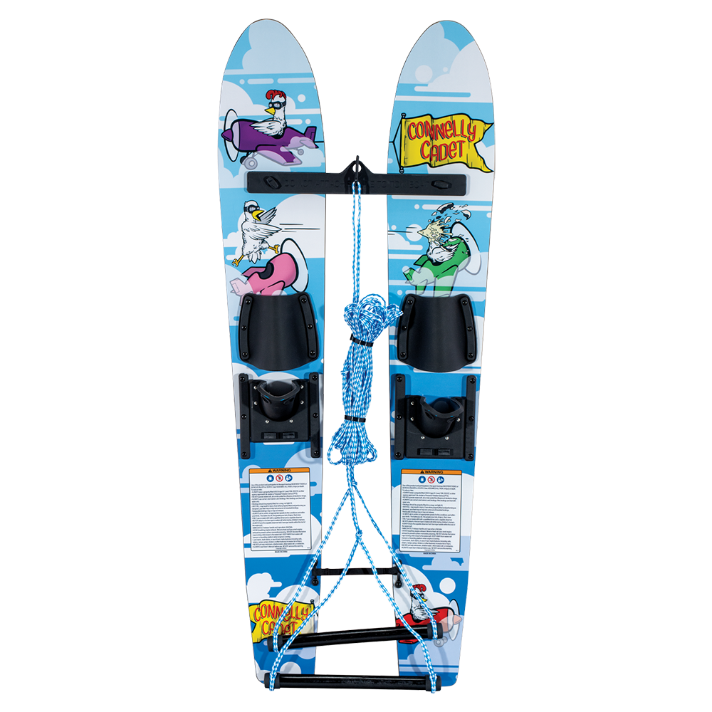 Top view of Cadet junior water skis featuring a blue cartoon design with birds, adjustable bindings, and a training rope.