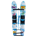 Top view of Cadet junior water skis featuring a blue cartoon design with birds, adjustable bindings, and a training rope.