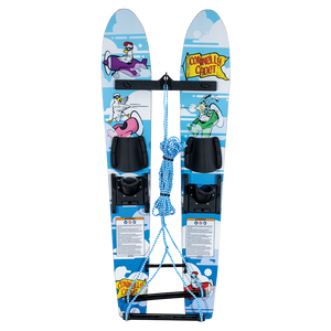 Top view of Cadet junior water skis featuring a blue cartoon design with birds, adjustable bindings, and a training rope.
