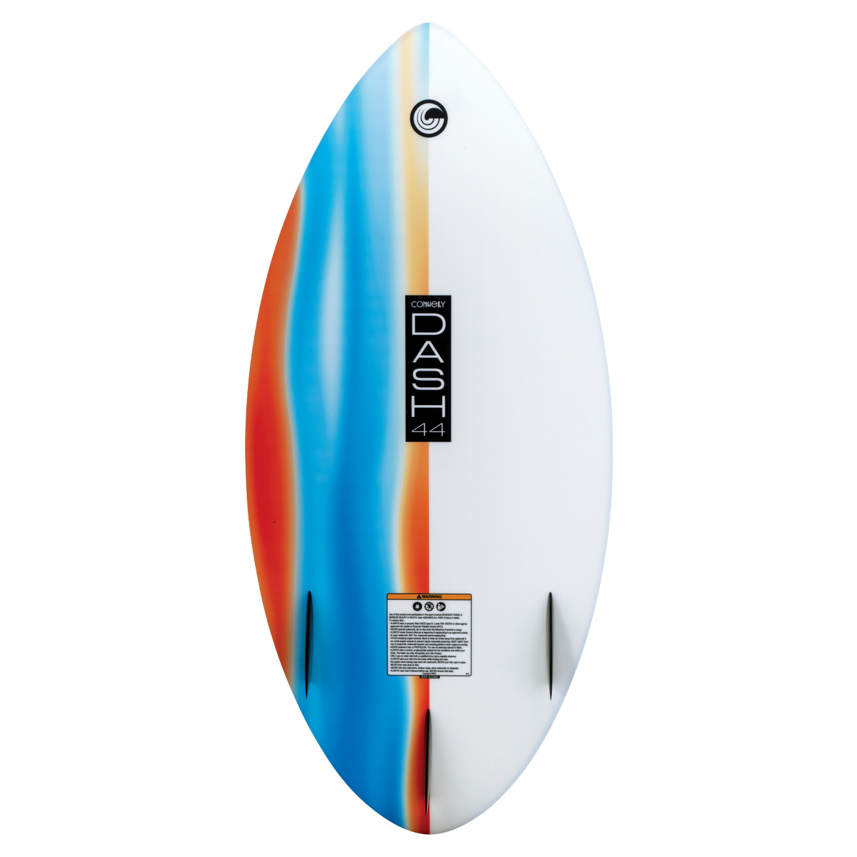 Bottom of the DASH Kid's Board with a smooth white finish, gradient accents, and twin fins for stability.