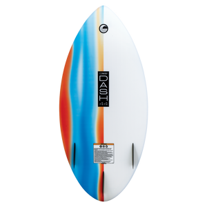 Bottom of the DASH Kid's Board with a smooth white finish, gradient accents, and twin fins for stability.