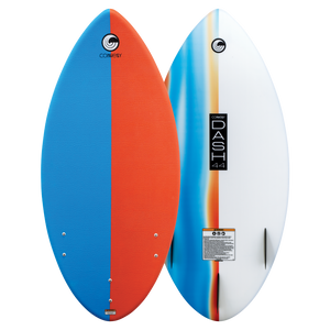 Front and back view of the DASH Kid's Board, featuring a split blue and orange traction pad and a sleek white base.