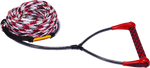 Coiled red, black, and white rope with a black handle and red grips, featuring a 75-foot mainline for water sports.