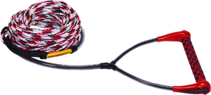 Coiled red, black, and white rope with a black handle and red grips, featuring a 75-foot mainline for water sports.