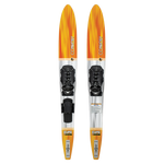 Top-down view of Eclypse water skis with an orange flame design, black adjustable bindings, and a stabilizer bar.