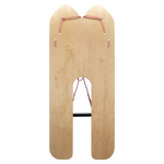 Base view of the Firecracker water skis showing a natural wood finish, a split-tail design, and red-and-white rope handles.