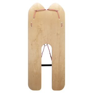 Base view of the Firecracker water skis showing a natural wood finish, a split-tail design, and red-and-white rope handles.