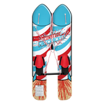 Top view of the Firecracker water skis featuring a red, white, and blue graphic with starburst patterns.