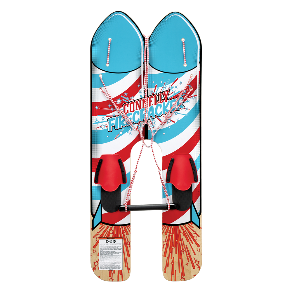 Top view of the Firecracker water skis featuring a red, white, and blue graphic with starburst patterns.