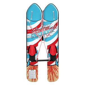 Top view of the Firecracker water skis featuring a red, white, and blue graphic with starburst patterns.