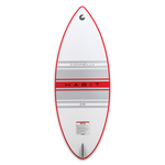 Base view of the HABIT Skim wakesurf board with a white and red design, gray stripes, and a centered single fin.