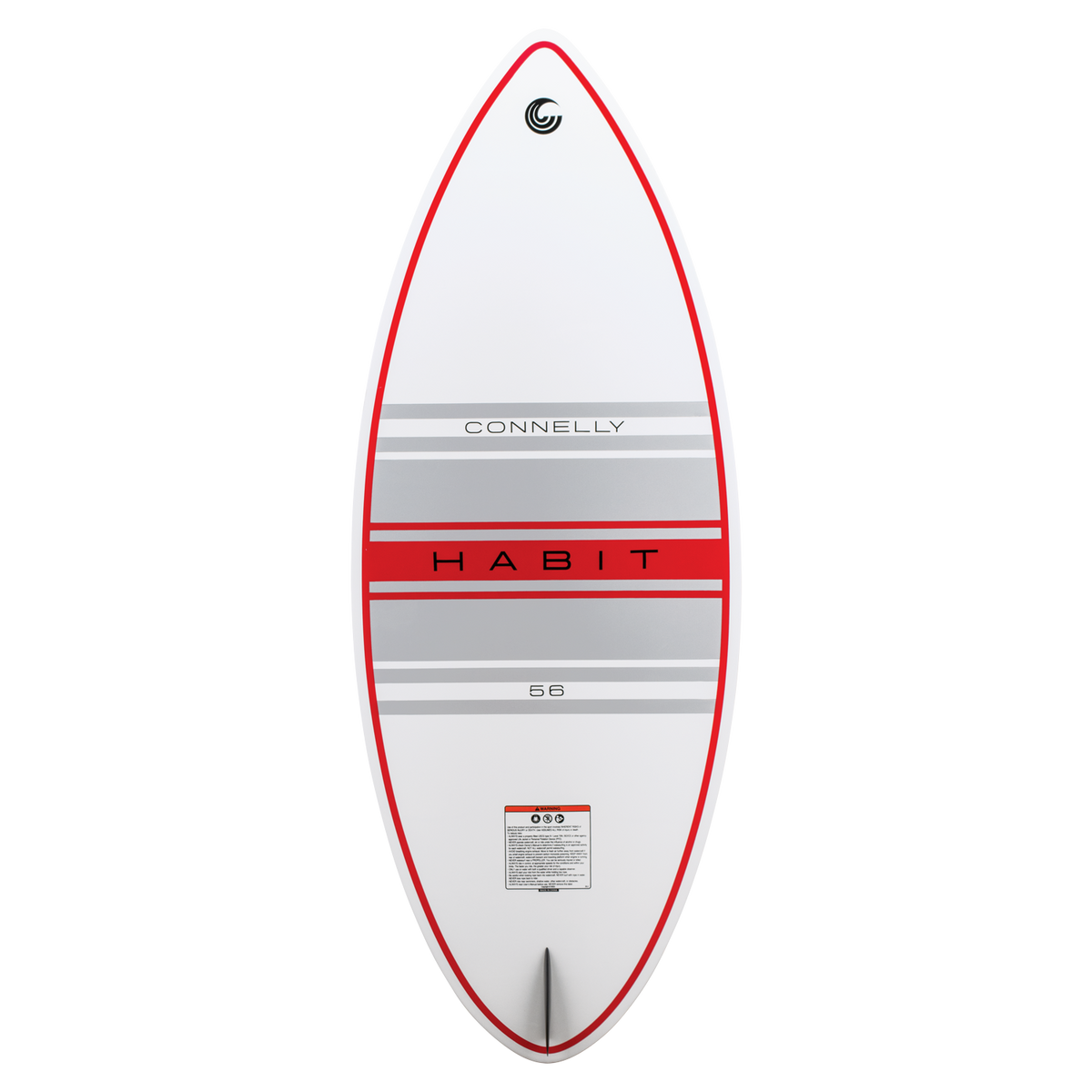 Base view of the HABIT Skim wakesurf board with a white and red design, gray stripes, and a centered single fin.