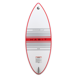 Base view of the HABIT Skim wakesurf board with a white and red design, gray stripes, and a centered single fin.