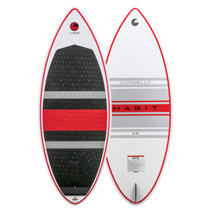 Front and back views of the HABIT Skim wakesurf board, showing the traction pad, logo, and single fin setup.