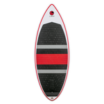 Top view of the HABIT Skim wakesurf board with a black traction pad, red and gray accents, and a pointed nose.