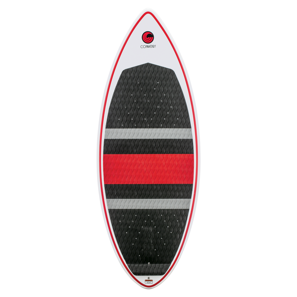 Top view of the HABIT Skim wakesurf board with a black traction pad, red and gray accents, and a pointed nose.