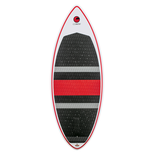 Top view of the HABIT Skim wakesurf board with a black traction pad, red and gray accents, and a pointed nose.