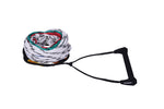 Coiled LAZER PACKAGE rope with white, black, red, green, and blue strands, featuring a black handle with a soft grip.