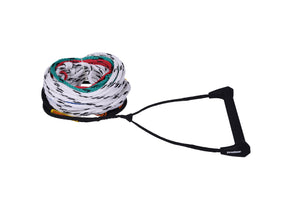 Coiled LAZER PACKAGE rope with white, black, red, green, and blue strands, featuring a black handle with a soft grip.