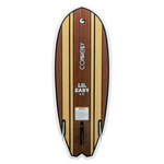 Base view of the Lil Easy wakesurf board, showcasing the woodgrain design, black fin box, and "Lil Easy 4’6”" branding.